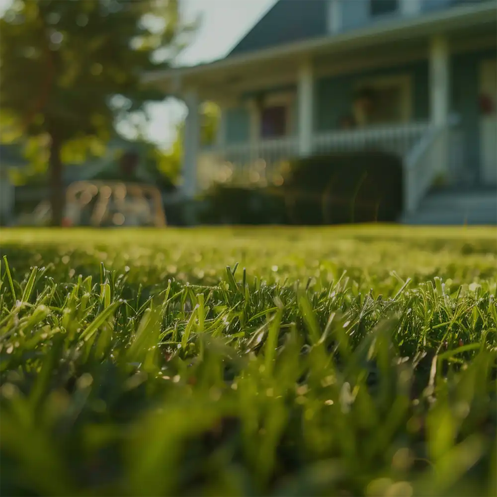 Young child running across a healthy, lush green lawn in front of a suburban home at golden hour